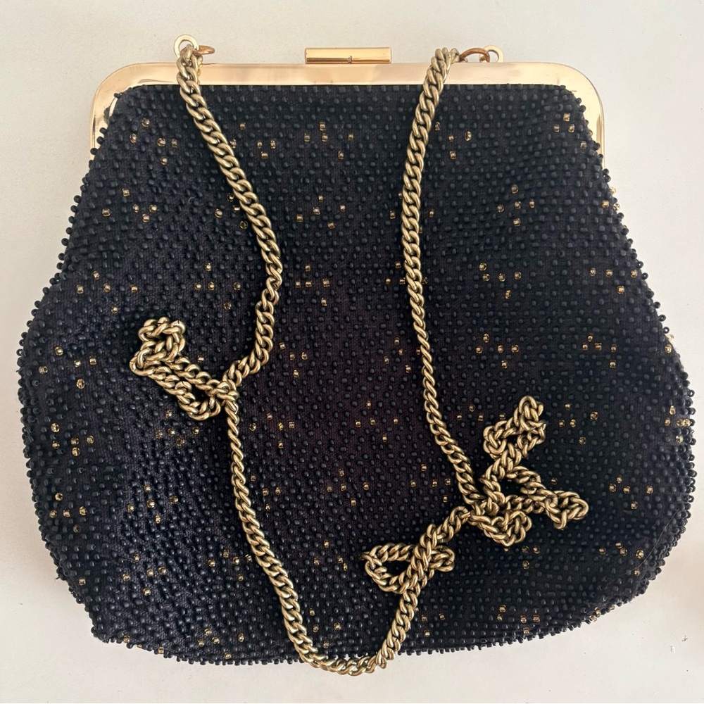 Clare V. Beaded Frame Bag – Black w/ Gold Accents, Chain Strap